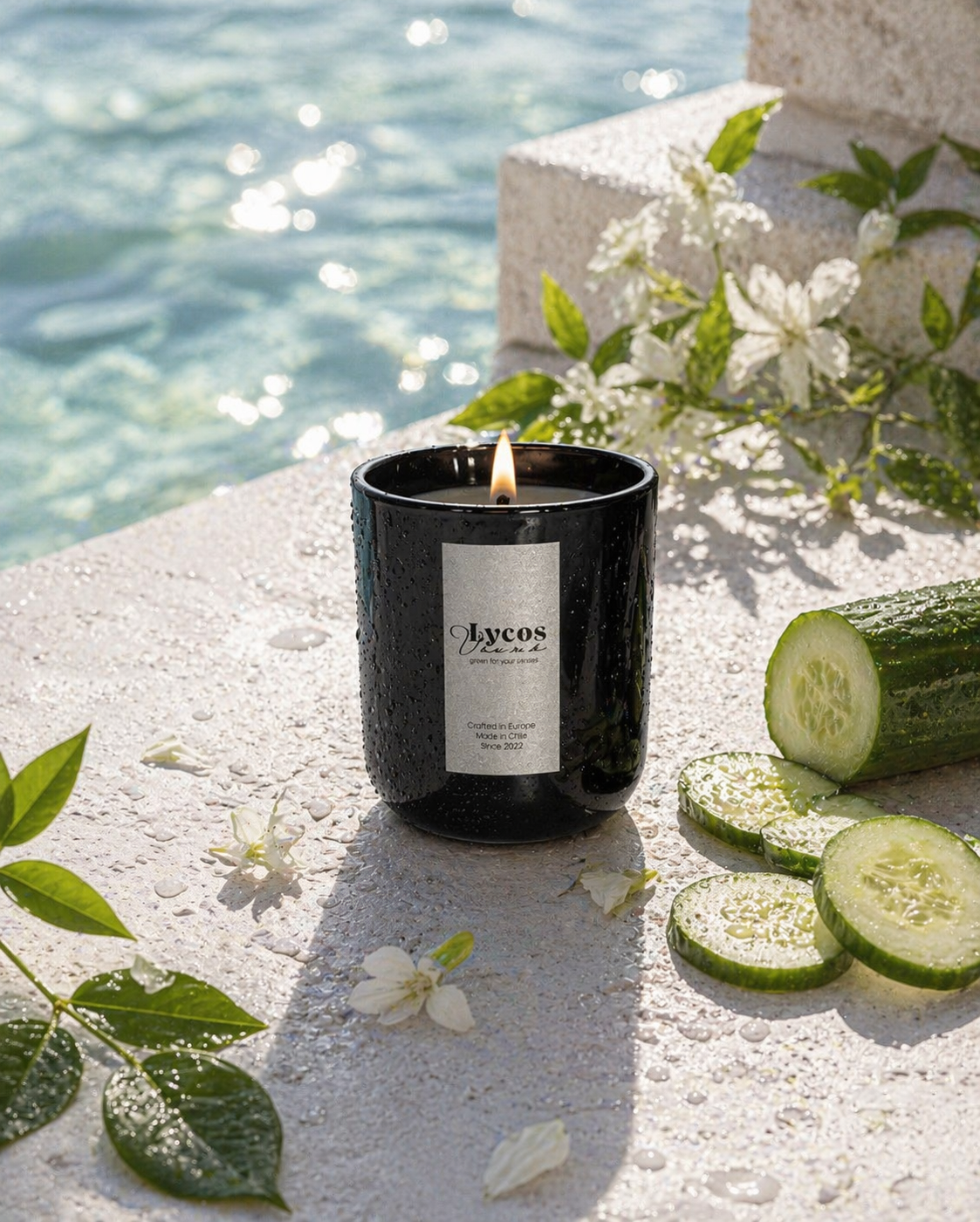 Fragancia Green vela aromática Lycos Vounó — pepino melón flor blanca fresca · Chile