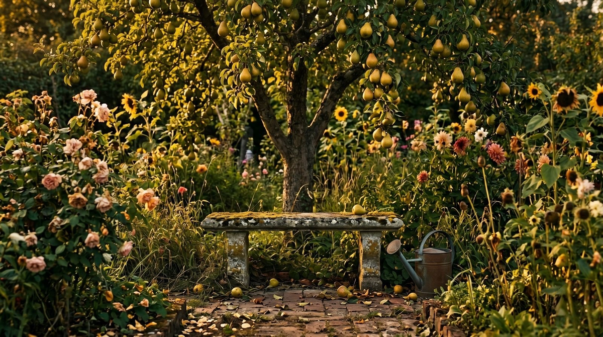 Jardín con peral finales de agosto verano — fragancia Jardín de Peras Lycos Vounó Chile