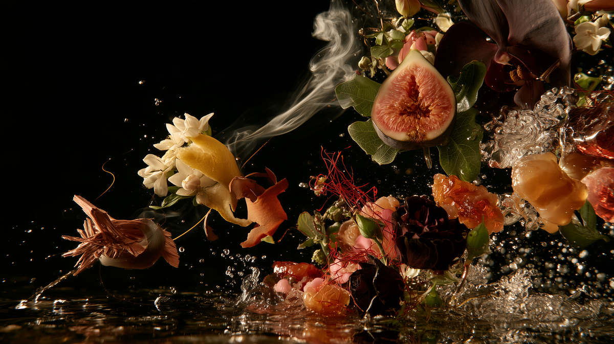 Atlas del aroma: ingredientes de distintos destinos suspendidos en la oscuridad, unidos por un hilo de humo