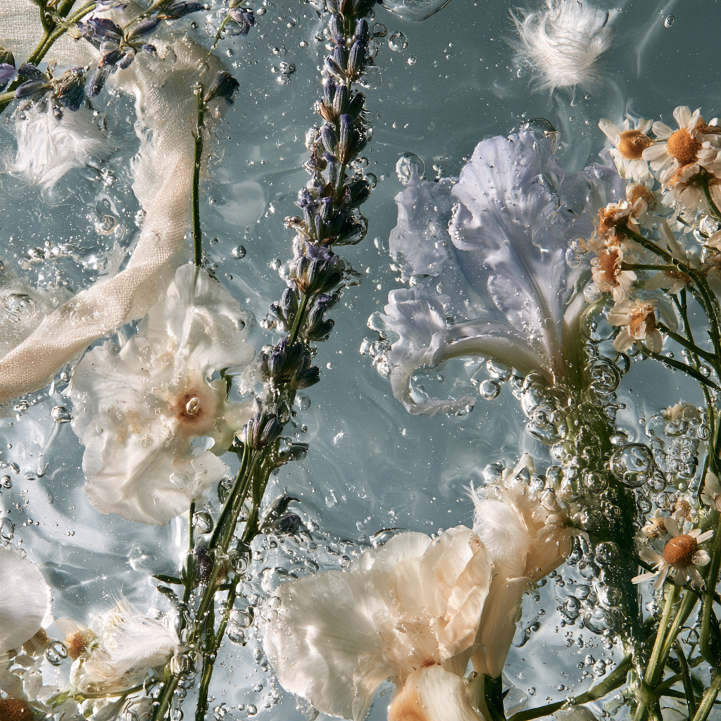 Calma: lavanda, iris y manzanilla flotando en agua serena