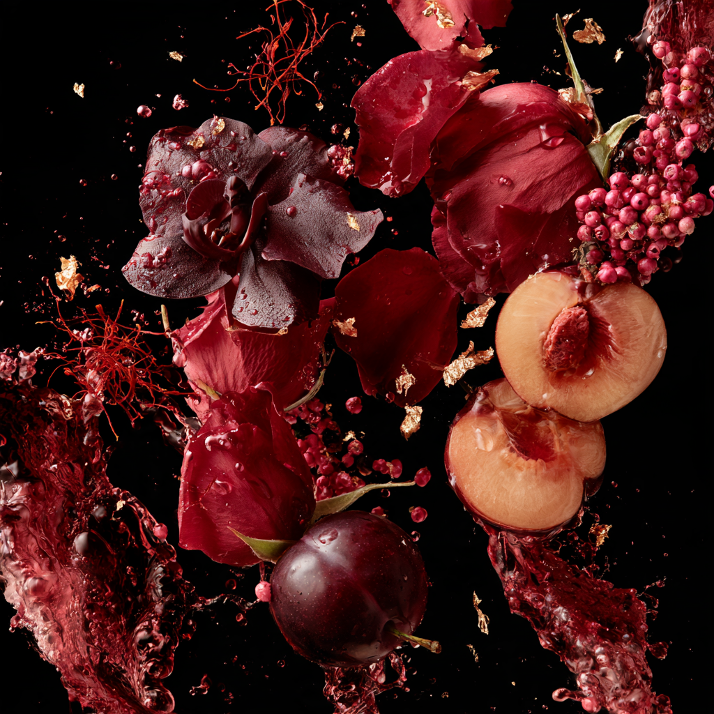 Velada: rosas oscuras, orquídea, ciruela y vino con destellos de oro